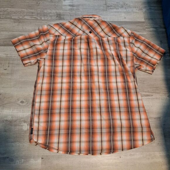 Prana Shirt Mens XXL Orange Brown Plaid Pearl Snap Organic Cotton Short Sleeve - Picture 2 of 12